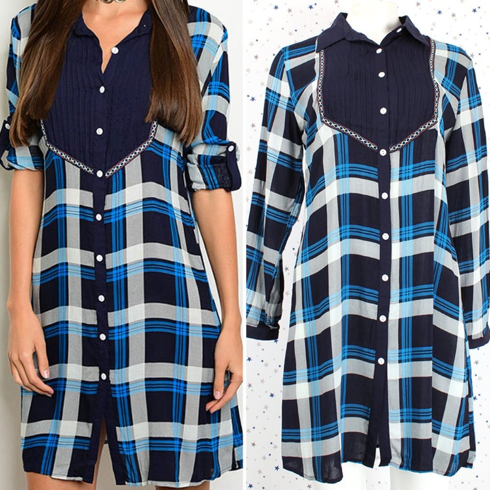 Plaid Button Down Dress 3/4 Roll Up Sleeve Blue Navy